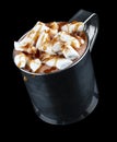 Cocoa with marshmallows and caramel. On dark background