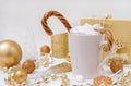Cocoa mug with marshmallows and lollipops, Golden Christmas balls, candle, gift box, transparent Christmas tree Royalty Free Stock Photo