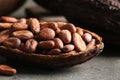 Cocoa pod of beans on grey table, Royalty Free Stock Photo