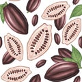 Cocoa pod, beans, leaves seamless pattern on white. Watercolor hand drawing illustration. Art for decoration and design Royalty Free Stock Photo