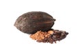 Cocoa pod, beans and powder on background Royalty Free Stock Photo