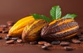 Cocoa pod beans and cocoa powder on brown background Royalty Free Stock Photo