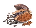 Cocoa pod, beans and powder isolated on a white Royalty Free Stock Photo