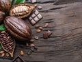 Cocoa pod, cocoa beans and chocolate on the wooden table. Top view