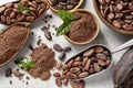 Cocoa pods, beans and powder on light table Royalty Free Stock Photo