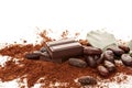 Cocoa powder, beans, chocolate and  leaves on white background Royalty Free Stock Photo