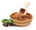 Cocoa powder and beans with green leaves