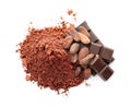 Cocoa powder, beans and pieces of chocolate Royalty Free Stock Photo