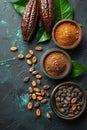 Cocoa powder cocoa beans and cocoa pods on dark background. Top view. Royalty Free Stock Photo