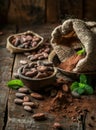 Cocoa powder and cocoa beans on wooden table Royalty Free Stock Photo