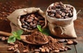 Cocoa powder and cocoa beans on wooden table Royalty Free Stock Photo
