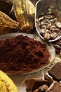 Cocoa powder in bowl, cocoa beans and pieces of chocolate Royalty Free Stock Photo