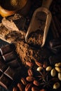 Cocoa powder, chocolate, nuts and spices Royalty Free Stock Photo