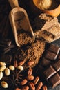 Cocoa powder, chocolate, nuts and spices Royalty Free Stock Photo
