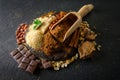 Cocoa powder, chocolate, nuts and spices Royalty Free Stock Photo