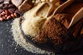 Cocoa powder, chocolate, nuts and spices Royalty Free Stock Photo