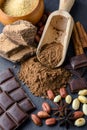 Cocoa powder, chocolate, nuts and spices