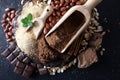 Cocoa powder, chocolate, nuts and spices Royalty Free Stock Photo