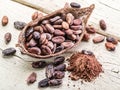 Cocoa powder and cocao beans on a wooden table. Royalty Free Stock Photo
