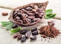 Cocoa powder and cocao beans on a wooden table.