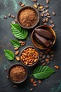 Cocoa powder cocoa beans and cocoa beans in bowls on dark background Royalty Free Stock Photo