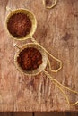 Cocoa powder in old rustic style silver sieves Royalty Free Stock Photo