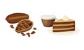 Cocoa products set. Dried beans, chocolate cake, cup of hot drink vector illustration Royalty Free Stock Photo