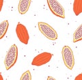 Cocoa seamless pattern. Tropical background. Chocolete bean