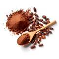 Cocoa seeds, cocoa powder and a teaspoon, isolated on white background.