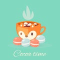 Cocoa time lettering vector illustration, cartoon flat cosy mug with tasty delicious cocoa drink beverage, cute cup of Royalty Free Stock Photo