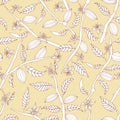 Cocoa tree branches bearing flowers and fruit pods seamless vector pattern background.