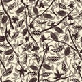 Cocoa tree branches bearing flowers and fruit pods arranged in a forest- like layering seamless vector pattern background.