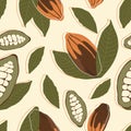 Cocoa tree fruit whole and sliced with leaves and natural cacao beans inside seamless pattern, exotic chocolate fetus, organic raw