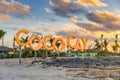 CocoCay Sign at Royal Caribbean`s Private Island at Sunset