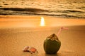 Coconat and glasses on the beach Royalty Free Stock Photo