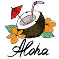 Coconut and aloha inscription black outline and color fill vector image