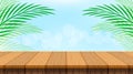 Coconut background with leaves and wood table plank, wooden plank empty and coconut palm leaf, wood floor for coconut product