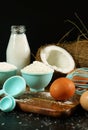 Coconut baking ingredients, coconut milk, flour, oil, and shredded coconut.