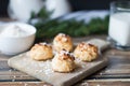 Coconut baking, sweet dessert. On a wooden background