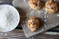 Coconut baking, sweet dessert. On a wooden background