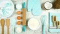 Coconut baking theme flat lay creative layout overhead on marble table top.