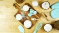 Coconut baking theme flat lay creative layout overhead on wooden table.