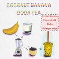 Coconut banana boba tea, Tapioca coconut bubble tea recipe illustration, Digital drawing, ingredients for making