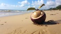 Quirky Visual Storytelling: Coconut Left On Beach With Dark Purple And Brown Style