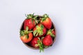 Coconut Bowl with Juicy Fresh Ripe Red Strawberries on Blue Background Tasty Berry Top View