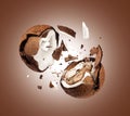 Coconut broken in the air into two halves on brown background Royalty Free Stock Photo