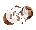 Coconut broken in the air into two halves Royalty Free Stock Photo