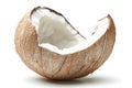 Coconut broken open revealing fresh white flesh, isolated on a white background Royalty Free Stock Photo