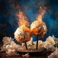 Coconut cake pops with flames on a cozy blur background