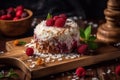 Coconut cake with raspberry jam and coconut flakes, decorated with fresh berries on a wooden board. Generative AI